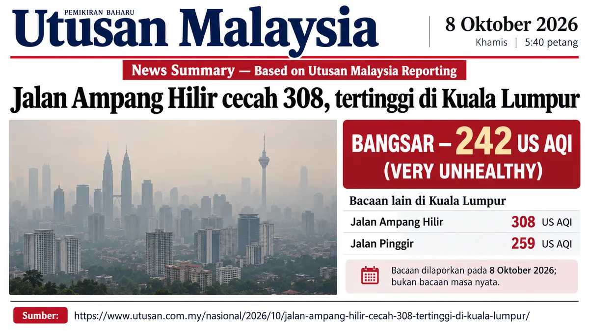 Utusan Malaysia news summary card, 8 October 2026: hazy Kuala Lumpur skyline with US AQI readings of 308 at Jalan Ampang Hilir, 259 at Jalan Pinggir and 242 in Bangsar.