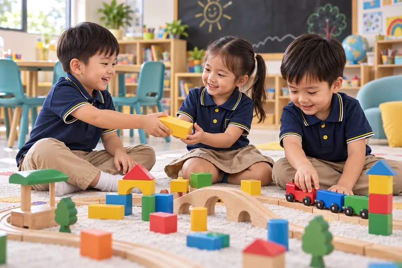 Friends in navy uniforms building with blocks and a wooden train — AI-generated illustration