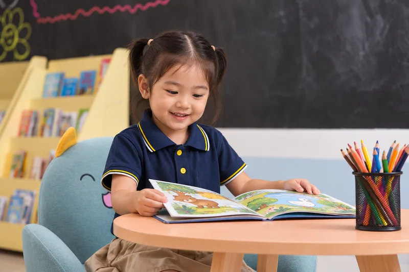 A child looking through a picture book — AI-generated illustration
