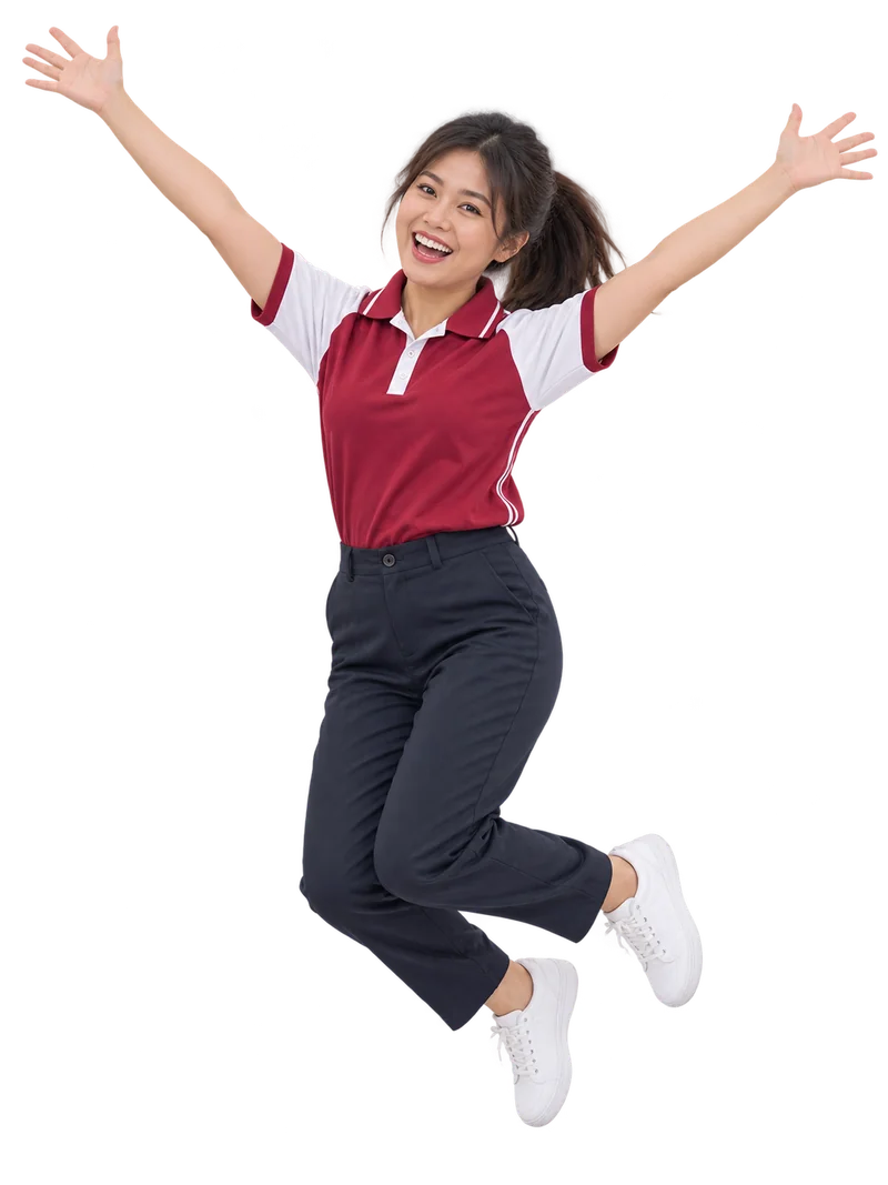 A cheerful teacher jumping with arms open — AI-generated illustration