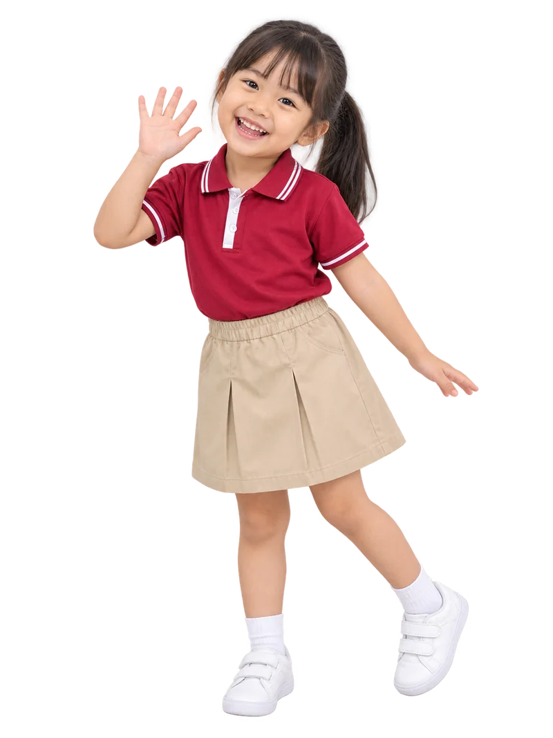 A smiling student waving in a maroon-red uniform with white trim — AI-generated illustration