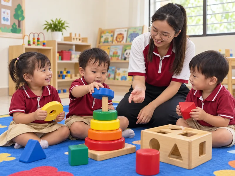 A teacher supporting young children with shape-sorting toys — AI-generated illustration