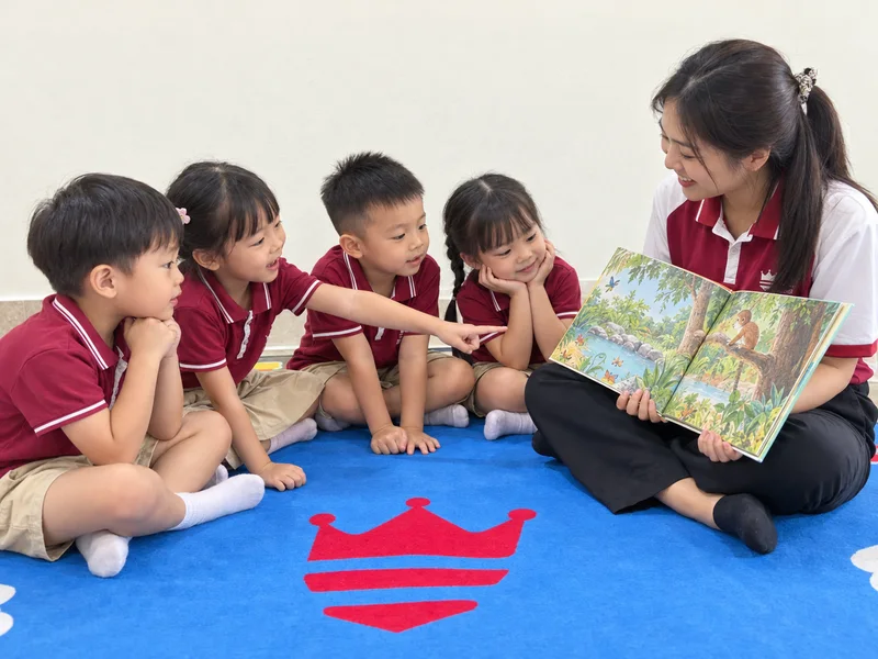 A teacher sharing a picture book with a group of children — AI-generated illustration