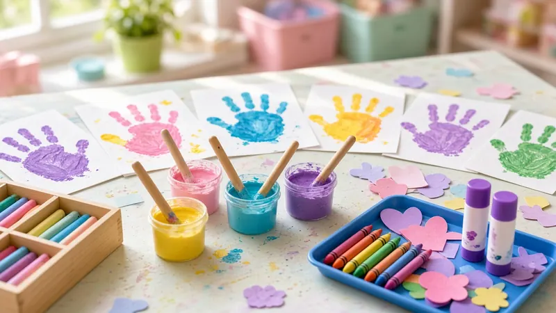 Colourful handprint paintings, paint pots with brushes, crayons and glue sticks