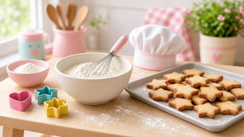 Star-shaped biscuits on a baking tray beside a mixing bowl, whisk, cookie cutters and a chef’s hat