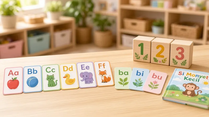 Alphabet and Suku Kata cards, wooden number blocks and a picture book on a table