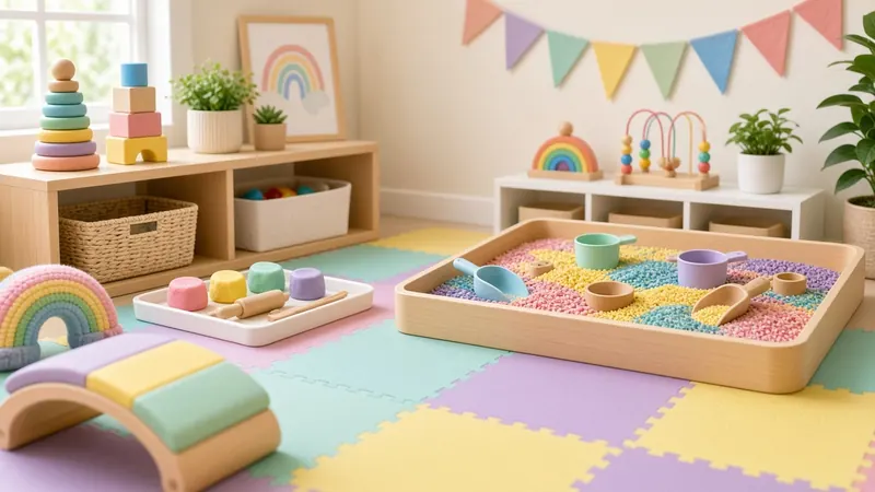 Pastel play mats, a wooden rainbow rocker, stacking toys and a coloured-rice sensory tray